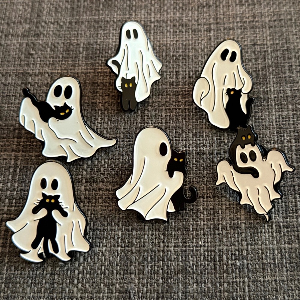 Cute Ghost and Black Cat Enamel Pin Set 6 Piece Spooky Halloween Lapel Pins